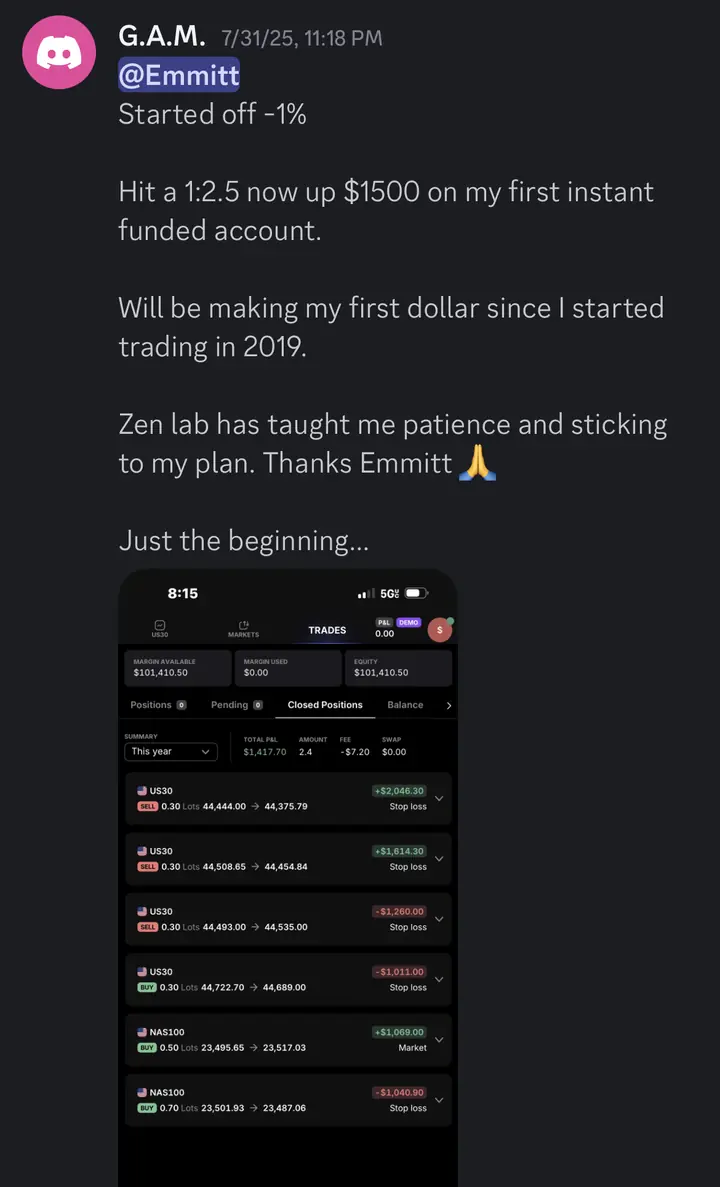 G.A.M.: up $1500 on his first instant funded account